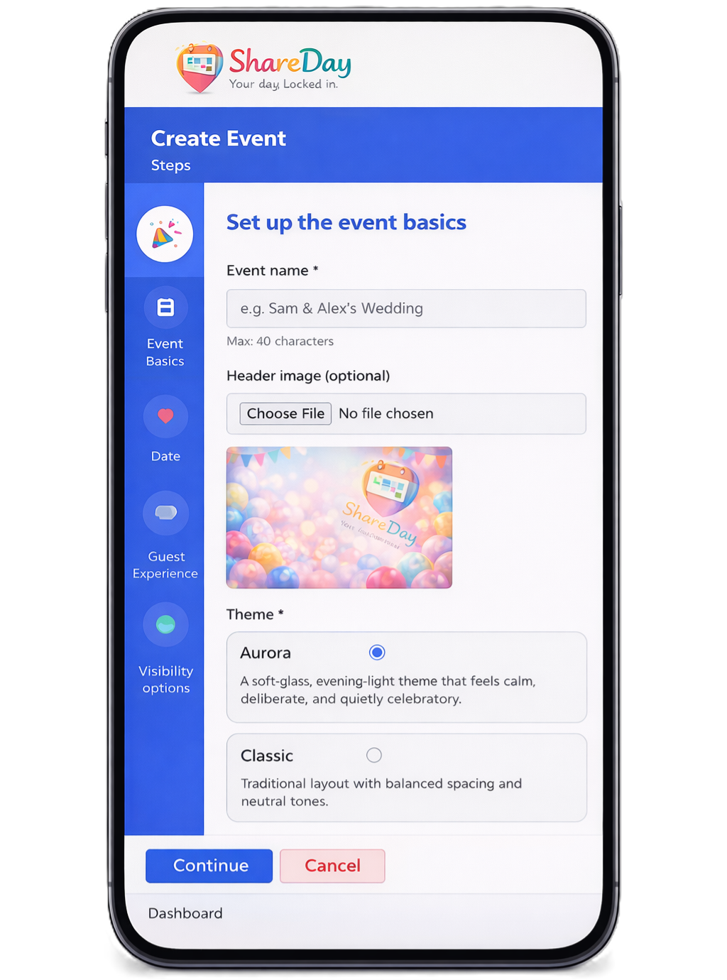 ShareDay event setup screenshot